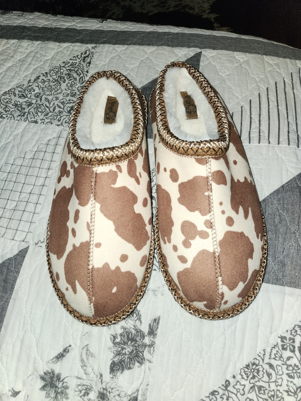 Very G Brown and Cream Cow Print Cozy Slip-On Flats